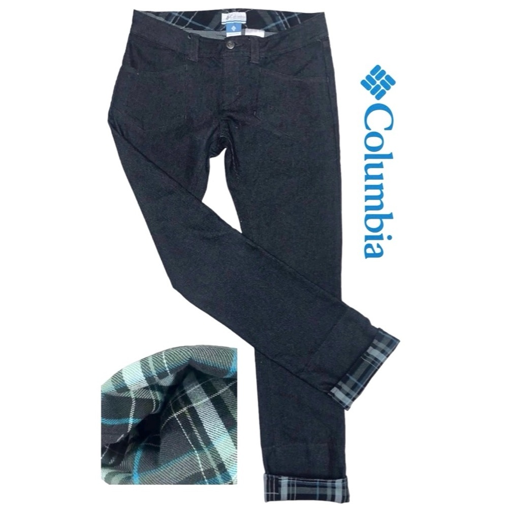 Columbia Denim Pants Jeans Dark Wash w/ Stretch Plaid Flannel Cuffs Size 2 NWOT